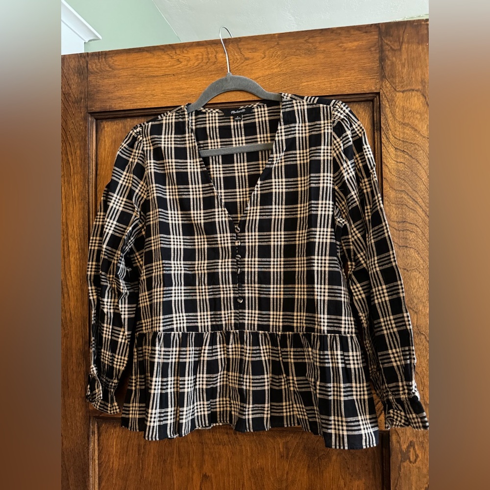 Madewell Black and Cream Plaid Blouse